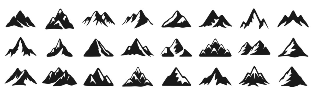 Collection of mountain peak icons logo over transparent