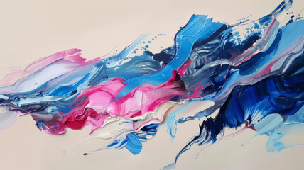 Vivid blue and pink abstract paint streaks on a canvas.