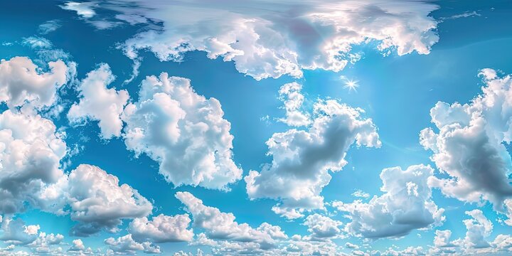 Bright sky, white fluffy clouds, blue sky, summer and warm weather, spring holiday, background, wallpaper.