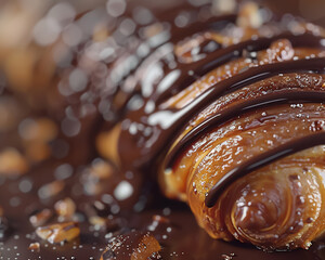 Macro shot in 8K of a chocolate cornet pastry with a focus on the texture and shine of the chocolate glaze
