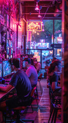 Fototapeta na wymiar Gamers Engaged in Virtual Reality Gaming in a Neon Arcade 