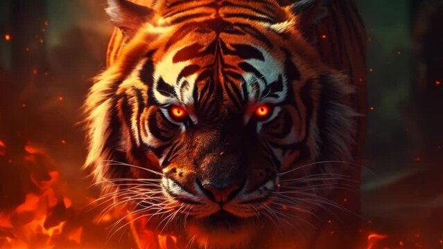 A cinematic shot of an tiger with glowing red eyes