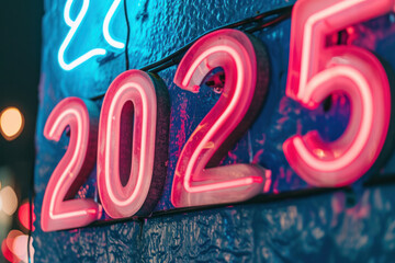 Neon sign illuminating number 2025 against night background. New Year celebration.