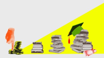 Investing money in education and knowledge. Paying for education, growing skills. Contemporary art collage. Personal finance management and financial literacy. Concept of education, finances