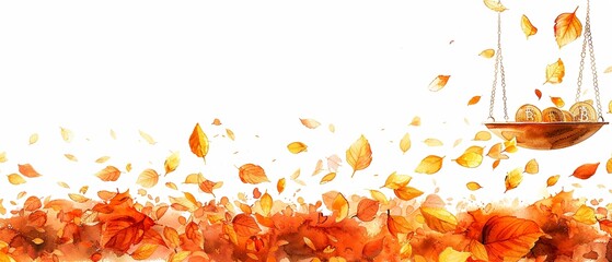 A dramatic rendering of golden scales caught in a gentle breeze, with abstract coins depicted as falling leaves, set against a white background to capture the transient and sometimes unpredictable nat - obrazy, fototapety, plakaty