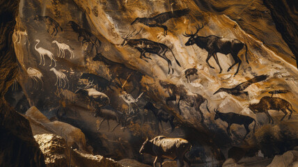 Prehistoric-style painting of animals on a rocky cave wall.
