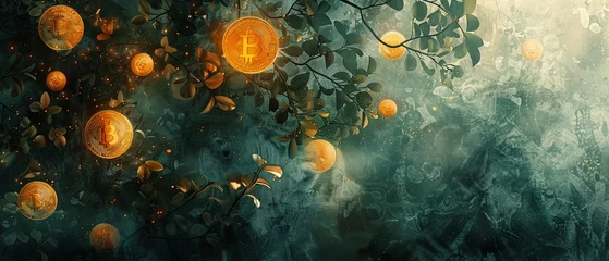 Fotobehang A moody, atmospheric image of crypto coins depicted as glowing orbs nestled among abstract, shadowy foliage, suggesting the hidden and mysterious aspects of digital currency, isolated on a white backg © ธนากร บัวพรหม