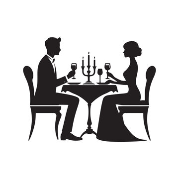 Vector Romantic Couple Dinner Silhouette: Intimate Dining Scene with Lovebirds- Couple dinner vector stock.