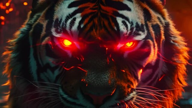 A cinematic shot of an tiger with glowing red eyes