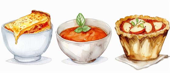 An intimate portrayal of comfort food icons, including a bowl of soup, a grilled cheese sandwich, and a warm apple pie, illustrated against a white background with soft, comforting hues to draw attent