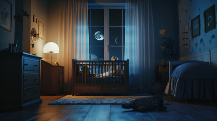 Peaceful baby's room at night with a crib and moonlight.