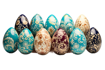 Enchanted Egg Ensemble: A Vibrant Collection of Painted Eggs. On a White or Clear Surface PNG Transparent Background.
