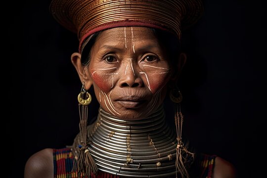 Portrait of old woman of the Padaung tribe. Giraffe women