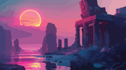 Abstract fantasy landscape ancient stone temple neon