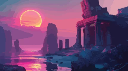 Fotobehang Abstract fantasy landscape ancient stone temple neon © Mishab