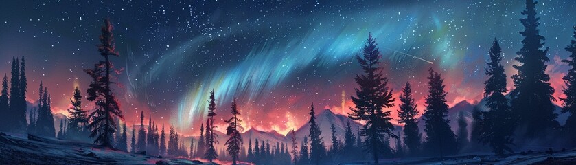 A comet tail painting the night with auroras over a remote pine forest - obrazy, fototapety, plakaty