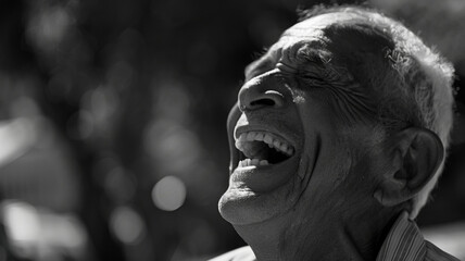 Joyful moment captured in monochrome as a mature man laughs heartily, eyes closed in delight.