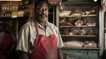 Fototapeta na wymiar An African American butcher, clad in a red apron, stands in his shop.