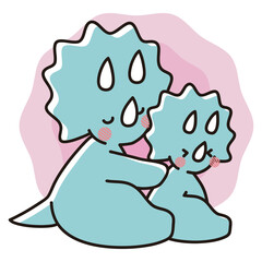 子どもを抱きしめる幸せなトリケラトプスの親子のイラスト