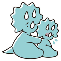 熱にうなされる子どもの背中を心配してさするトリケラトプスの親子のイラスト