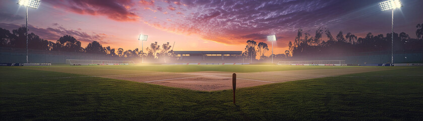 A cricket pitch at dawn with the stadium lights just turning off - obrazy, fototapety, plakaty