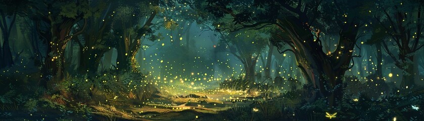 Fototapeta na wymiar A forest at night illuminated by fireflies