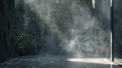 Abstract cement wall with ethereal smoke. Contemporary urban interior, showcasing raw studio space with dark walls and floating smoke, perfect for visual narratives.