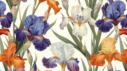 Seamless pattern of irises, vintage botanic style, floral illustration