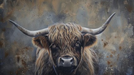 scottish highland cow beautiful animal trendy with grey background - obrazy, fototapety, plakaty
