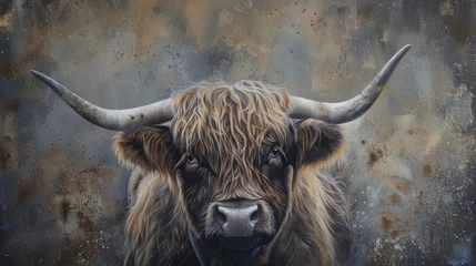 Foto op Plexiglas scottish highland cow beautiful animal trendy with grey background © Femke