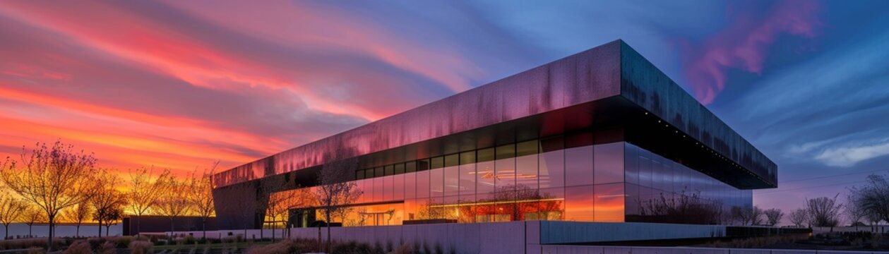 A modern art museum with an exterior that mirrors the changing sky adapting its color and texture