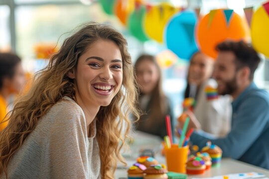 The image captures an office environment filled with energy and fun in honor of April Fool's Day on April 1st. Blonde woman laughing and having fun at an office party with her colleagues.