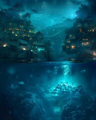 A secret underwater city glowing with bioluminescence - obrazy, fototapety, plakaty