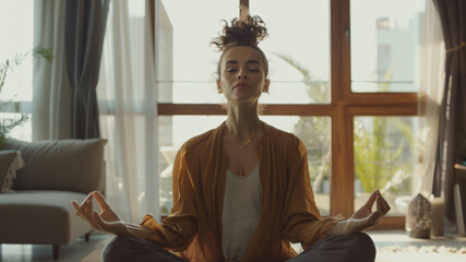 Meditative woman practicing yoga in a serene, sunlit indoor space.