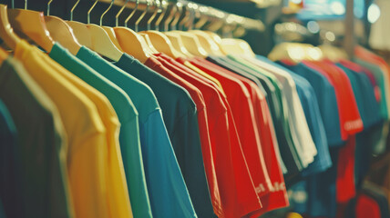 Vibrant clothing rack with a spectrum of colorful t-shirts on display.