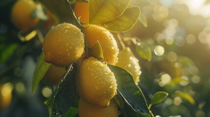 Lemons Hanging on Lemon tree. Close up. Ripe lemons on branch under sunlight, evoking freshness. Organic beauty.