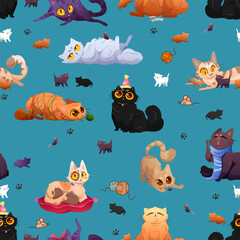 Cats and kittens, playing, seamless pattern, cute cats, cute kittens, vector illustration, for wrapping paper, banners, textiles, etc. Cat, kitten, animal, pet, print, fabric, colorful, play.
