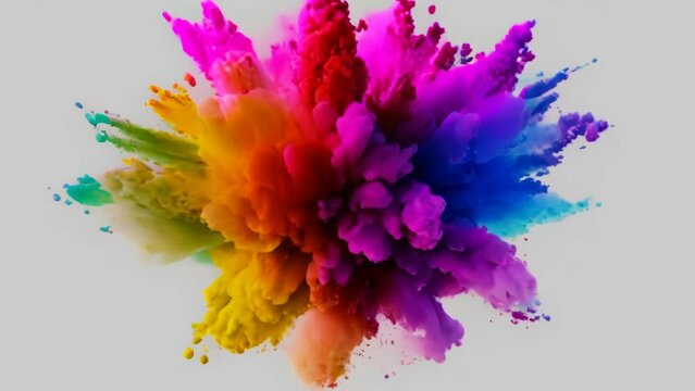 Colorful powder explosion in vibrant multicolored spectrum of rainbow colors on white background