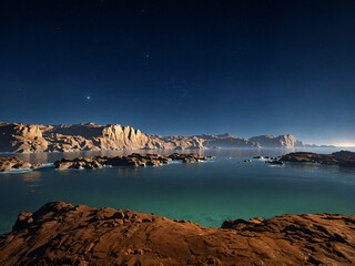 An image of the sea with mountains in the background, featuring a sky with stars.