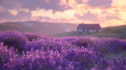 Serene summer landscape with lavender fields. Rustic farmhouse under pastel sky. Bees add life to...