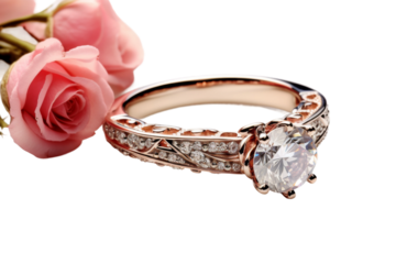 Gilded Love: A Ring Dancing With a Rose. On a White or Clear Surface PNG Transparent Background.