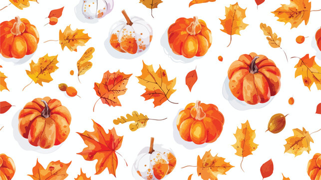 Autumn leaves and pumpkins pattern on transparent background