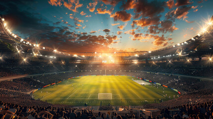 Futuristic smart stadium at sunset, glowing with advanced tech interfaces, bustling crowd. Soccer Stadium with Spectators at Sunset
