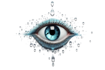 Crystal Clear Vision: Blue Eye Surrounded by Glistening Water Droplets. On a White or Clear Surface PNG Transparent Background.