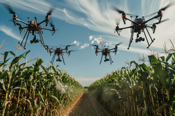 Several drones fly over a corn field with pesticide spraying systems - obrazy, fototapety, plakaty