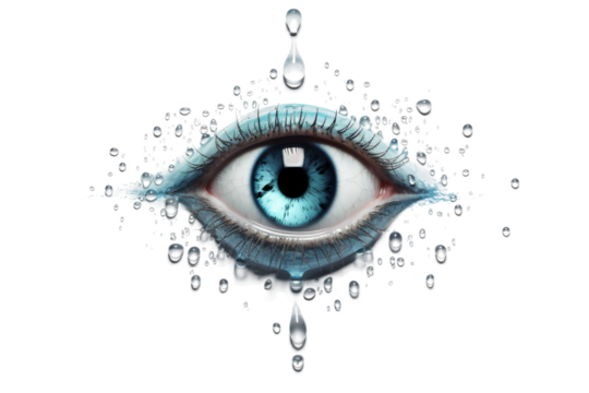 Crystal Clear Vision: Blue Eye Surrounded by Glistening Water Droplets. On a White or Clear Surface PNG Transparent Background.