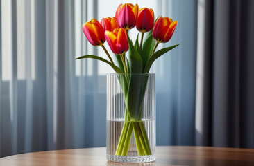 A bouquet of red and yellow tulips in a large ribbed vase at home.