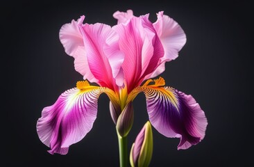 A pink iris flower and bud on a black background.