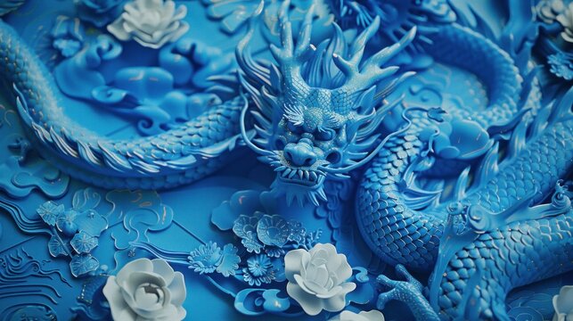 Intricate Chinese dragon sculpture with blue hues depicting traditional mythical art. Asian culture and craftsmanship.