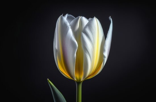 A white tulip in close-up on a black background.